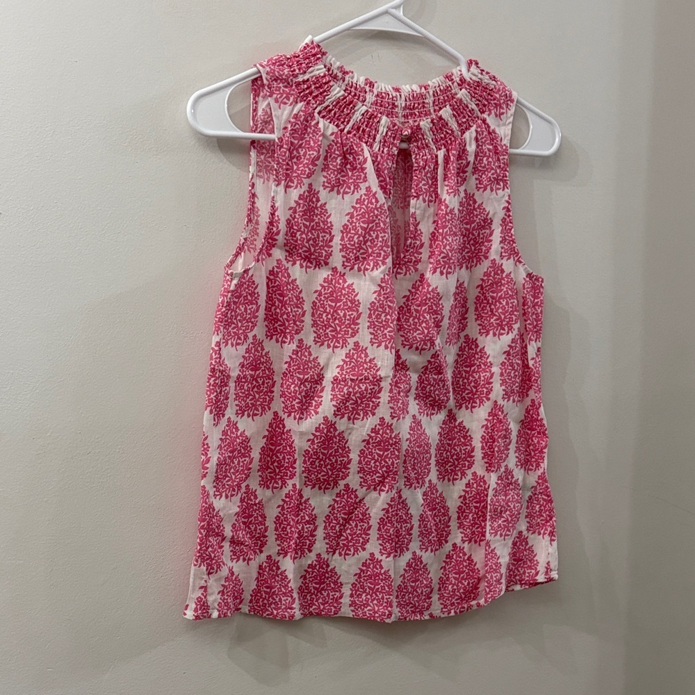 Boden Sleeveless Smocked Neck Pink Print Tank Top - size 4 - 100% linen
